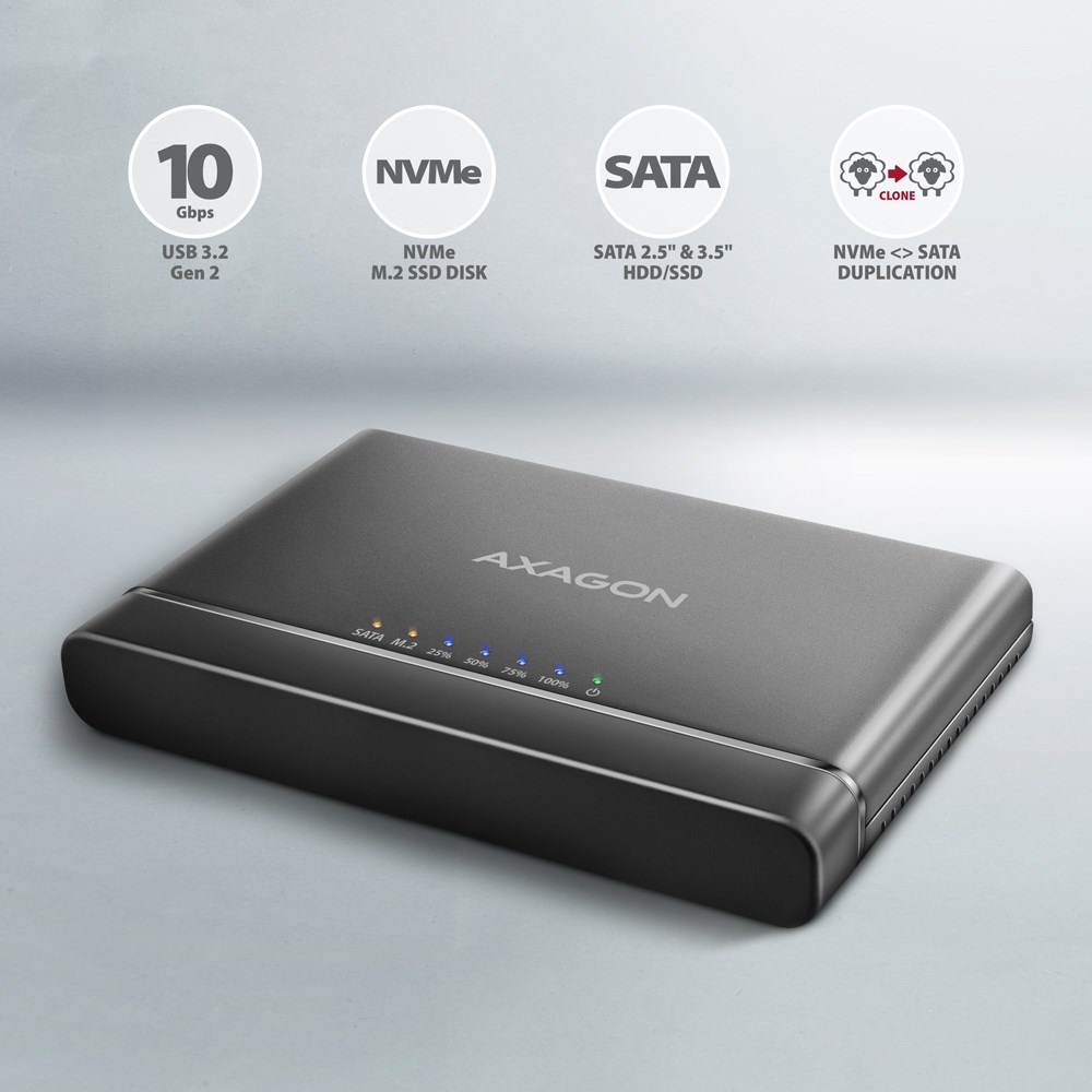 Axagon ADSA-CC USB-C 10Gbps - NVMe M.2 SSD & SATA 2.5/3.5 SSD/HDD CLONE MASTER 2 - Digital/Daten - NVMe USB 3.2 Gen 2 (3.1 Gen 2) Type-C Czarny