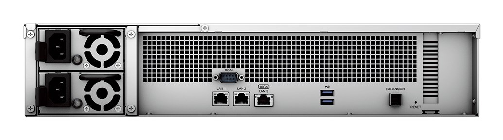 NAS Synology RS2423+; 2U RACK; 12x (3.5" SATA HDD/2.5" SATA SSD); AMD Ryzen V1780B, 8 GB DDR4 ECC UDIMM (max. 32GB), 2x 1GbE RJ-45, 1x 10GbE RJ-45