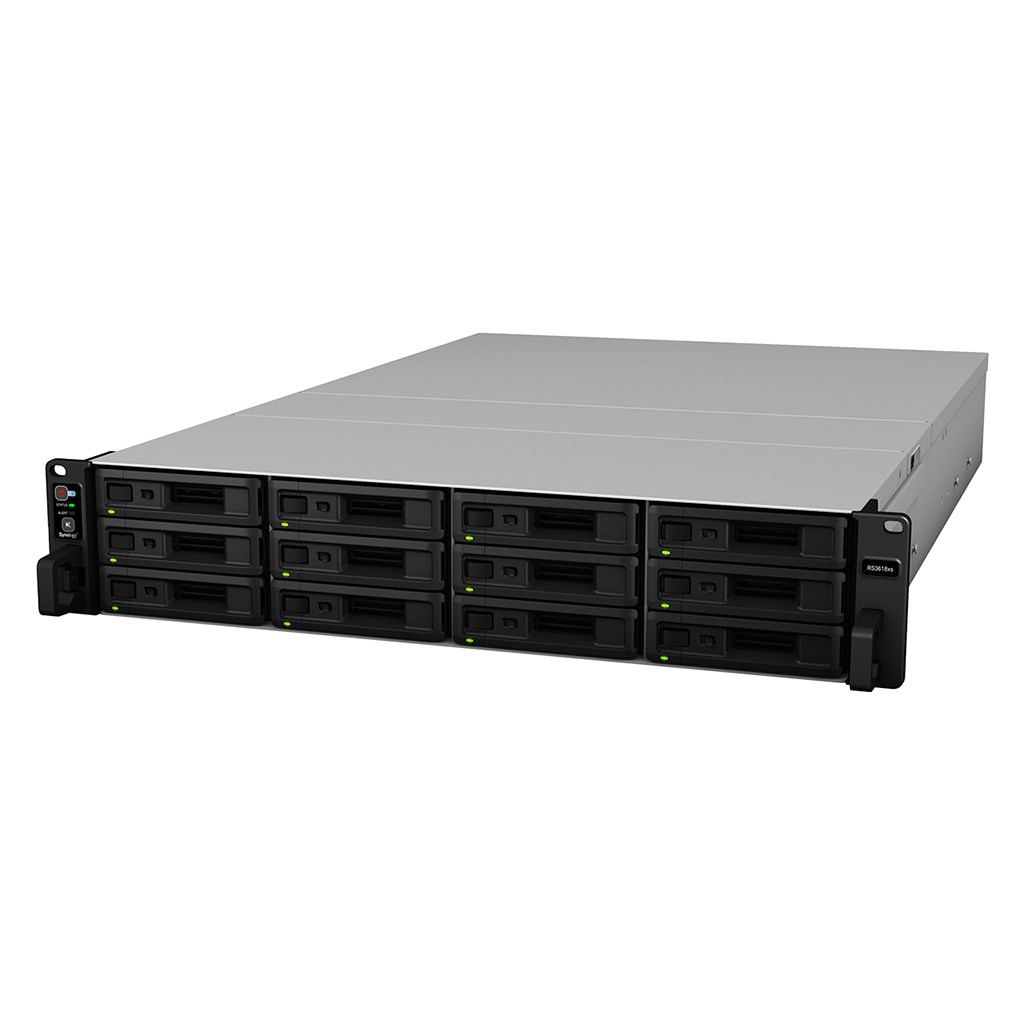 NAS Synology RS3618xs; 2U RACK; 12x (3.5" SATA HDD/2.5" SATA HDD); Intel Xeon D-1521; 8 GB DDR4 ECC UDIMM (max. 64GB), 4x 1GbE RJ-45