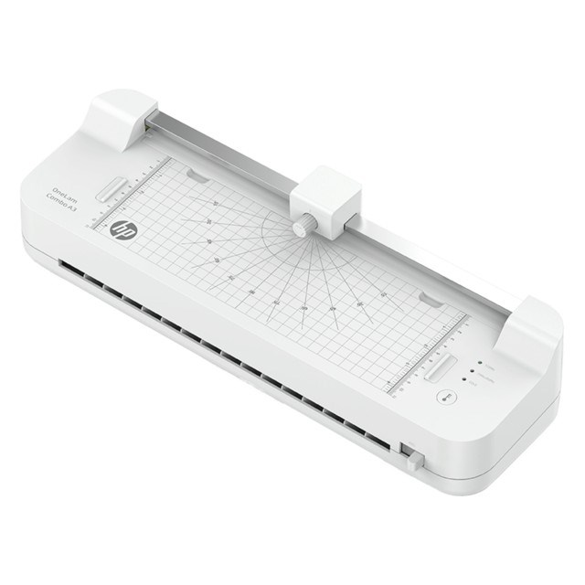 HP Laminator ONELAM COMBO A3, na zimno/gorąco, zintegrowany trymer, zaokrąglacz rogów, prędkość 40cm/min + 15 folii: 3xA4, 4xA5, 4xA6, 4xB-CARD, biały