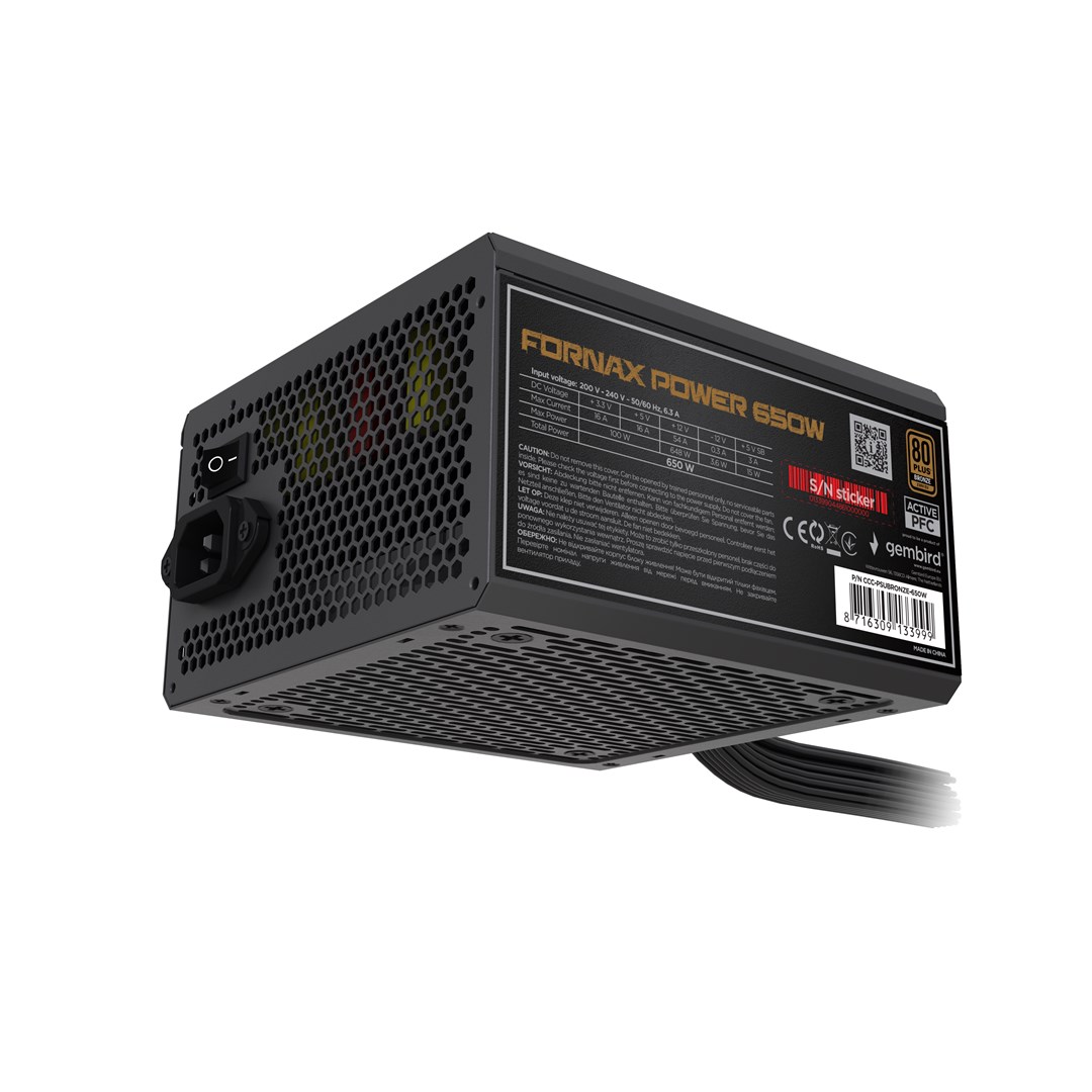 GEMBIRD ZASILACZ KOMPUTEROWY FORNAX POWER 650W 80+BRONZE ATX, 650W, AKTYWNE PFC, 12CM WENTYLATOR