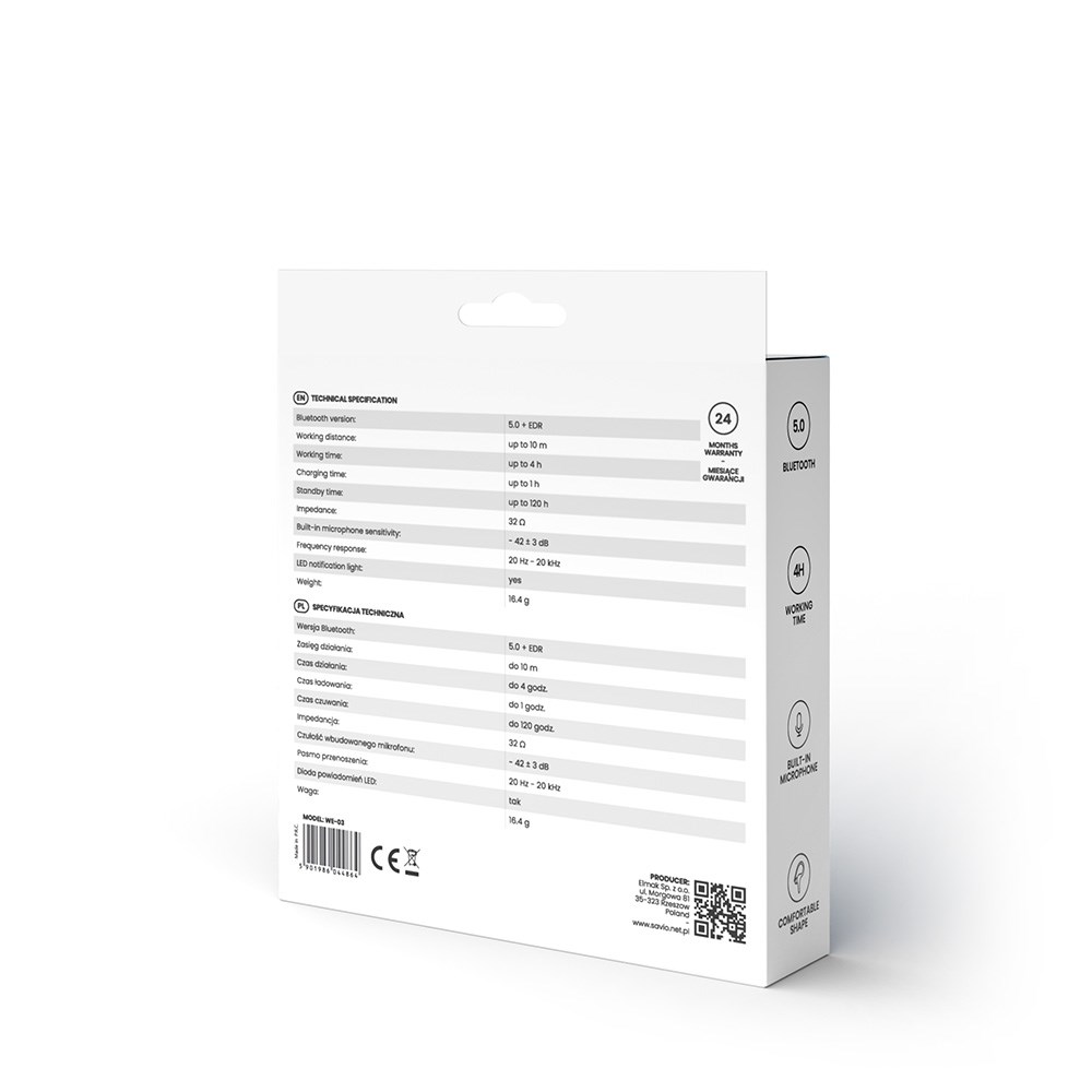 Słuchawki bezprzewodowe, z mikrofonem, ze słuchawkami SAVIO WE-03 (dokanałowe, sportowe; bezprzewodowe, Bluetooth; z wbudowanym mikrofonem; kolor czarny