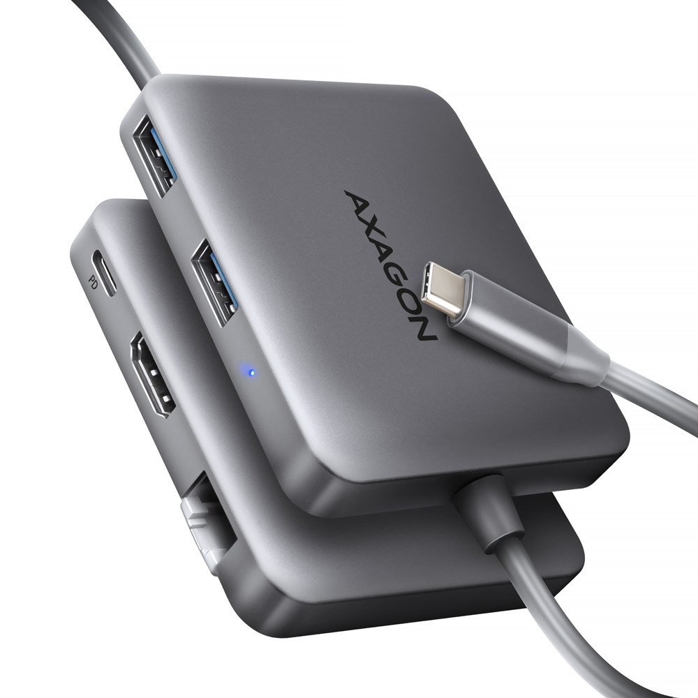 Axagon N HMC-5HL USB 5Gbps hub 2x USB-A HDMI 4k/60Hz RJ-45 GLAN PD 100W kabel USB-C Przewodowa USB 3.2 Gen 1 (3.1 Gen 1) Type-C Srebrny