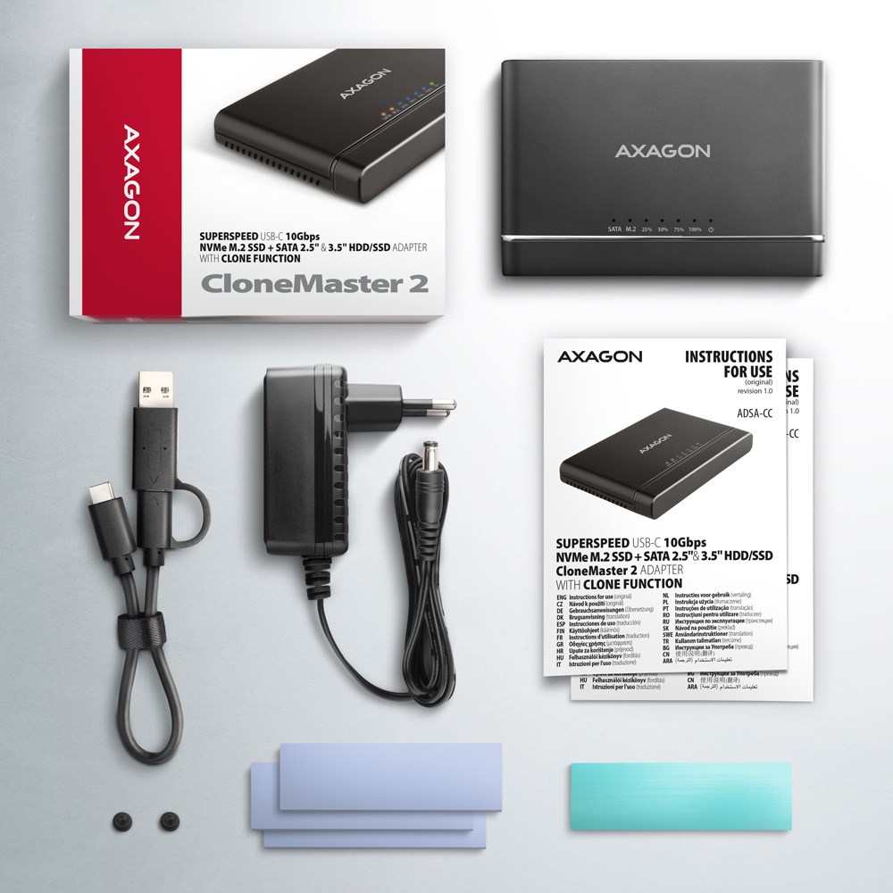Axagon ADSA-CC USB-C 10Gbps - NVMe M.2 SSD & SATA 2.5/3.5 SSD/HDD CLONE MASTER 2 - Digital/Daten - NVMe USB 3.2 Gen 2 (3.1 Gen 2) Type-C Czarny