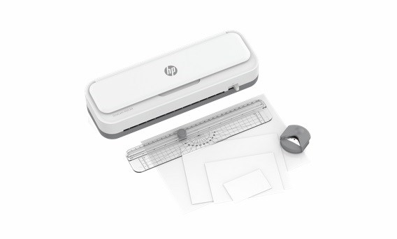 HP ONELAM Laminator 400 A4, na zimno/ciepło, zintegrowany trymer, zaokrąglacz rogów, prędkość 40cm/min + 15 folii: 3xA4, 4xA5, 4xA6, 4xB-CARD, biały