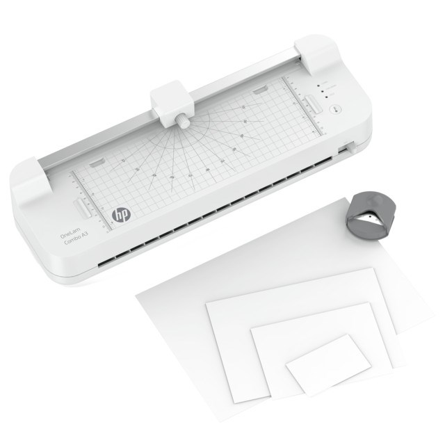 HP Laminator ONELAM COMBO A3, na zimno/gorąco, zintegrowany trymer, zaokrąglacz rogów, prędkość 40cm/min + 15 folii: 3xA4, 4xA5, 4xA6, 4xB-CARD, biały