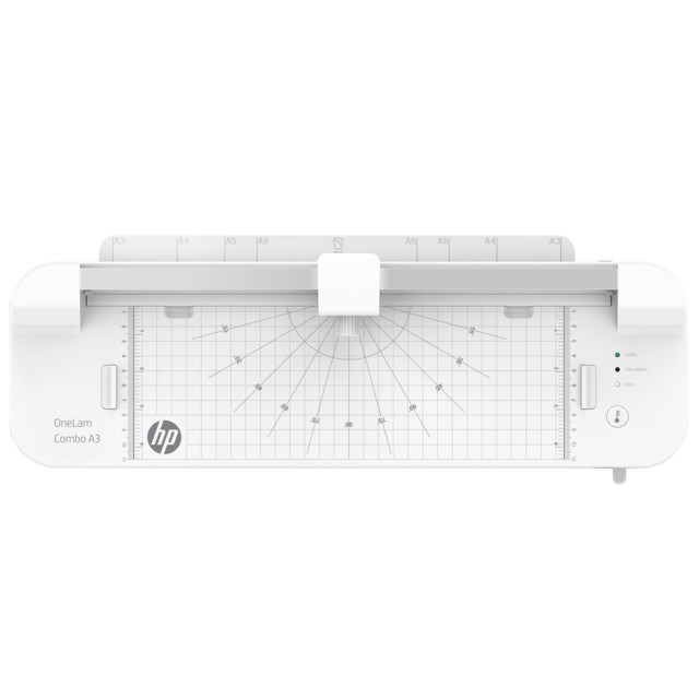 HP Laminator ONELAM COMBO A3, na zimno/gorąco, zintegrowany trymer, zaokrąglacz rogów, prędkość 40cm/min + 15 folii: 3xA4, 4xA5, 4xA6, 4xB-CARD, biały