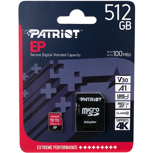 Karta pamięci z adapterem Patriot Memory EP Pro PEF512GEP31MCX (512GB; Class 10, Class A1, Class U3, V30; Adapter, Karta pamięci)