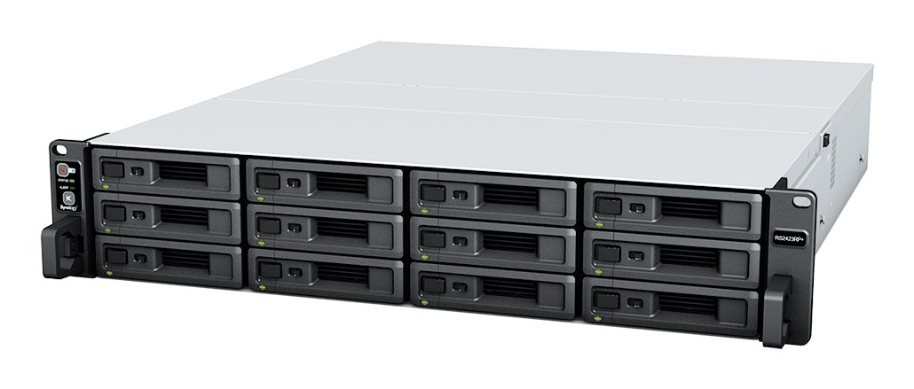 NAS Synology RS2423+; 2U RACK; 12x (3.5" SATA HDD/2.5" SATA SSD); AMD Ryzen V1780B, 8 GB DDR4 ECC UDIMM (max. 32GB), 2x 1GbE RJ-45, 1x 10GbE RJ-45