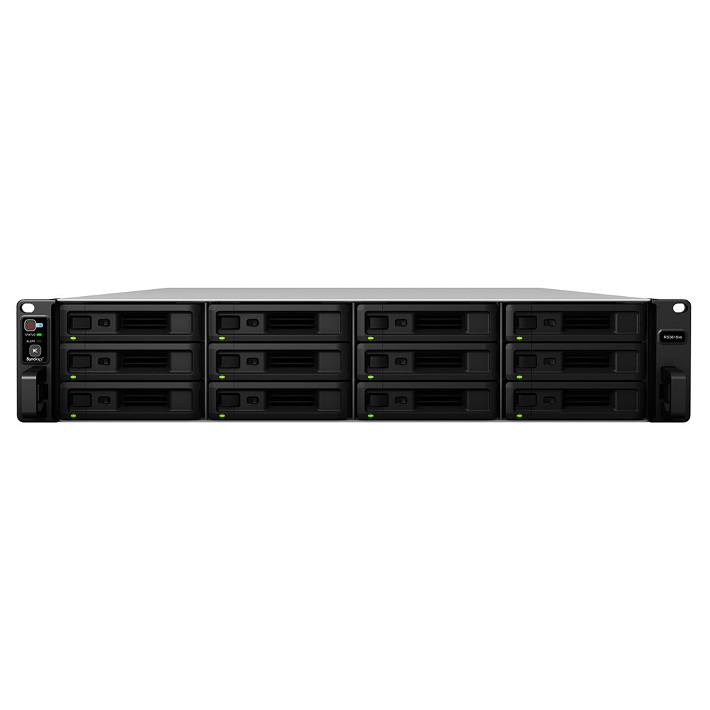 NAS Synology RS3618xs; 2U RACK; 12x (3.5" SATA HDD/2.5" SATA HDD); Intel Xeon D-1521; 8 GB DDR4 ECC UDIMM (max. 64GB), 4x 1GbE RJ-45