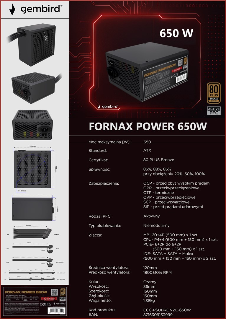 GEMBIRD ZASILACZ KOMPUTEROWY FORNAX POWER 650W 80+BRONZE ATX, 650W, AKTYWNE PFC, 12CM WENTYLATOR