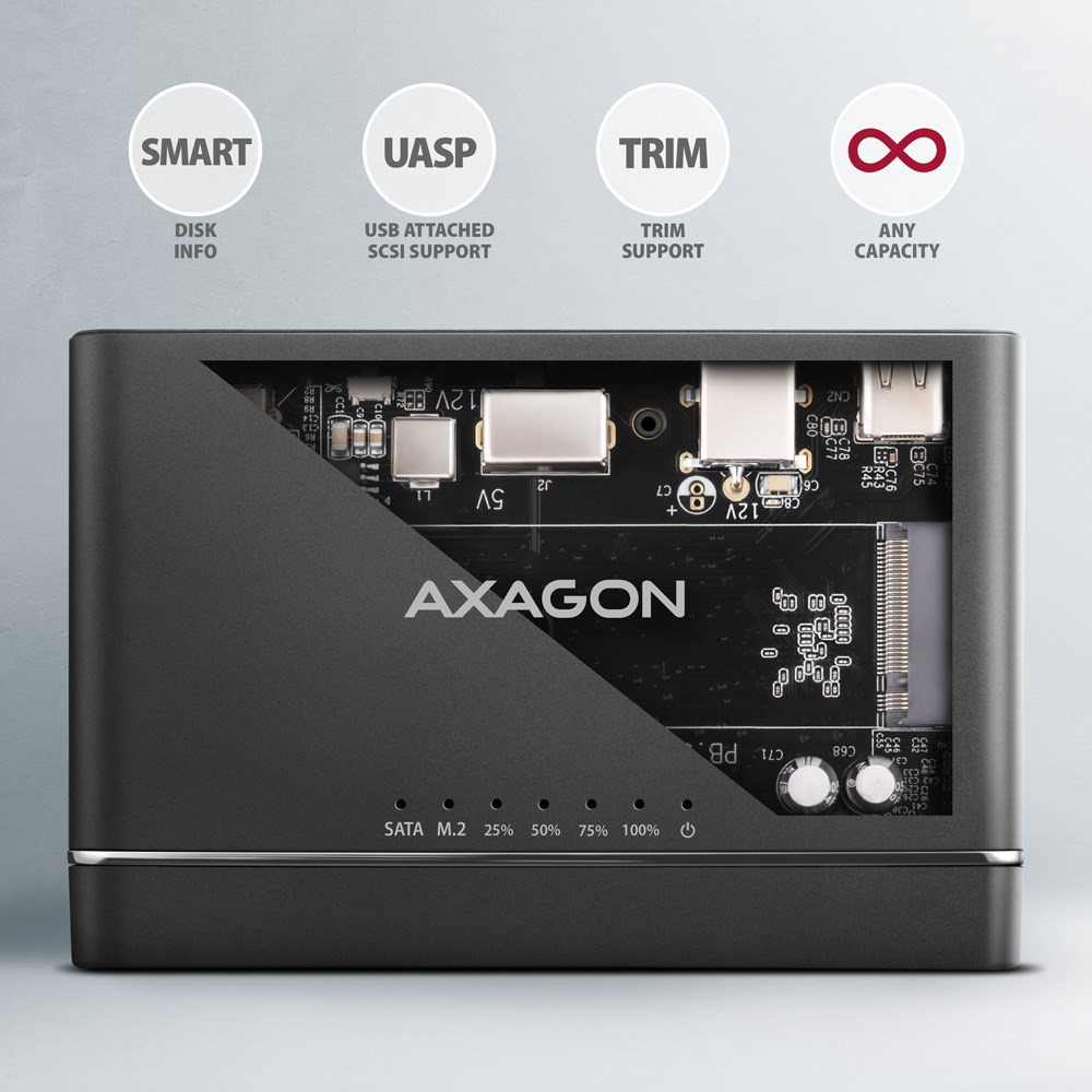 Axagon ADSA-CC USB-C 10Gbps - NVMe M.2 SSD & SATA 2.5/3.5 SSD/HDD CLONE MASTER 2 - Digital/Daten - NVMe USB 3.2 Gen 2 (3.1 Gen 2) Type-C Czarny